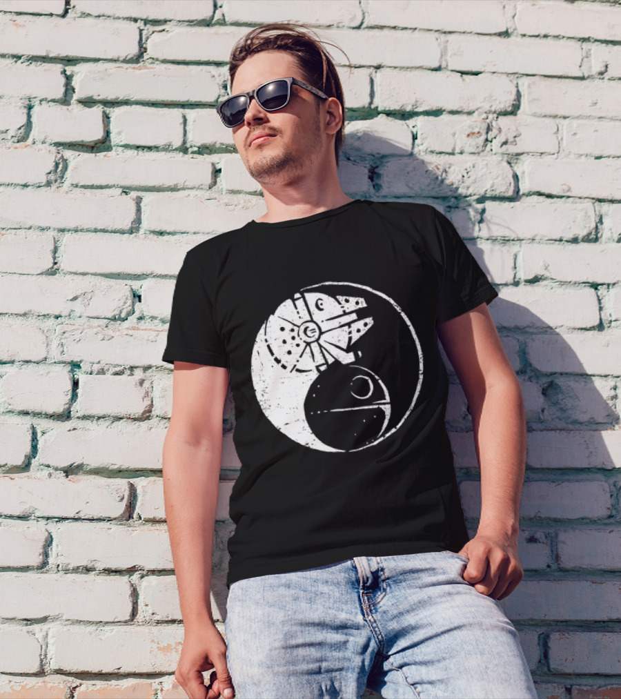 Millennium Falcon And Death Star Yin Yang Balancing The Force T-Shirt