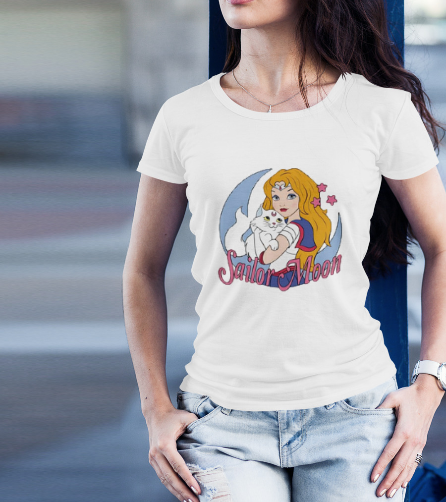 Sailor Moon Karen Amador Ellador Anime Cat Stars Moon Background T-Shirt