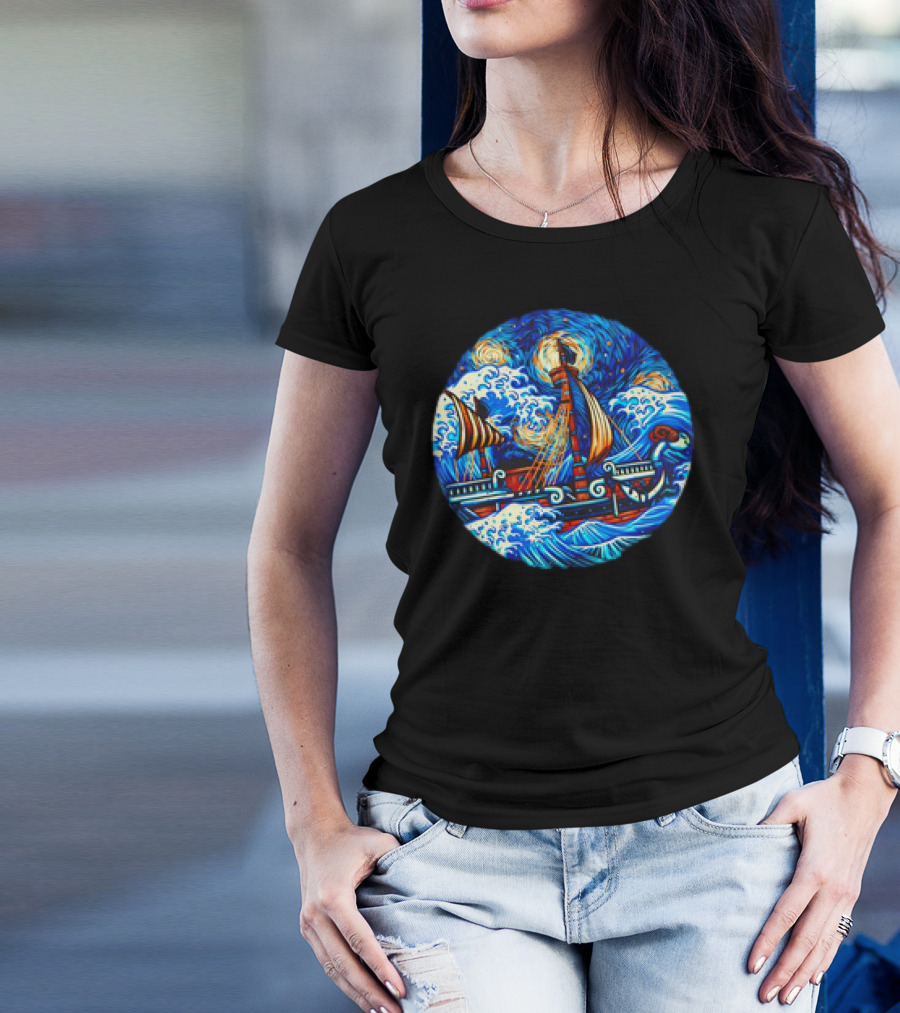 Going Merry One Piece Pirate Ship Van Gogh Wave T-Shirt
