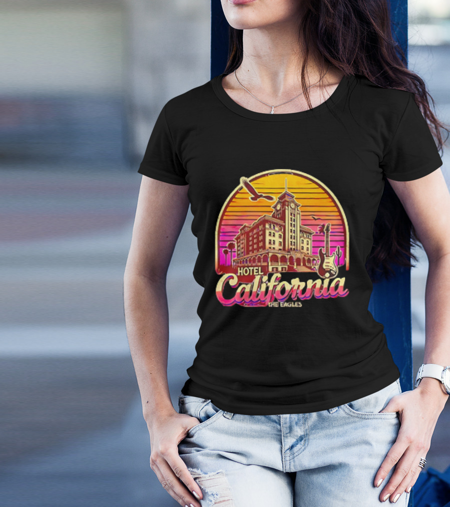 Hotel California The Eagles Sunset Art Deco Guitar And Seagulls T-Shirt