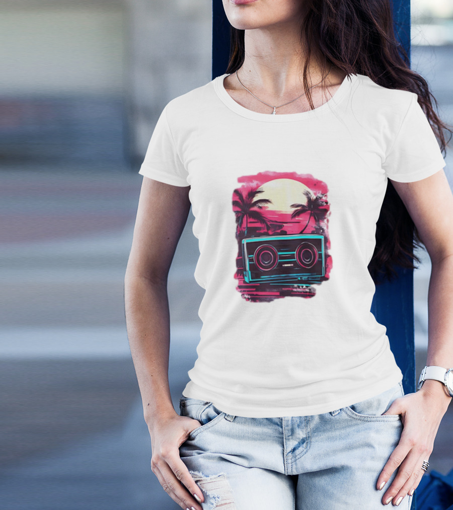 Neon Vintage Charm Sunset Cassette And Palm Trees T-Shirt
