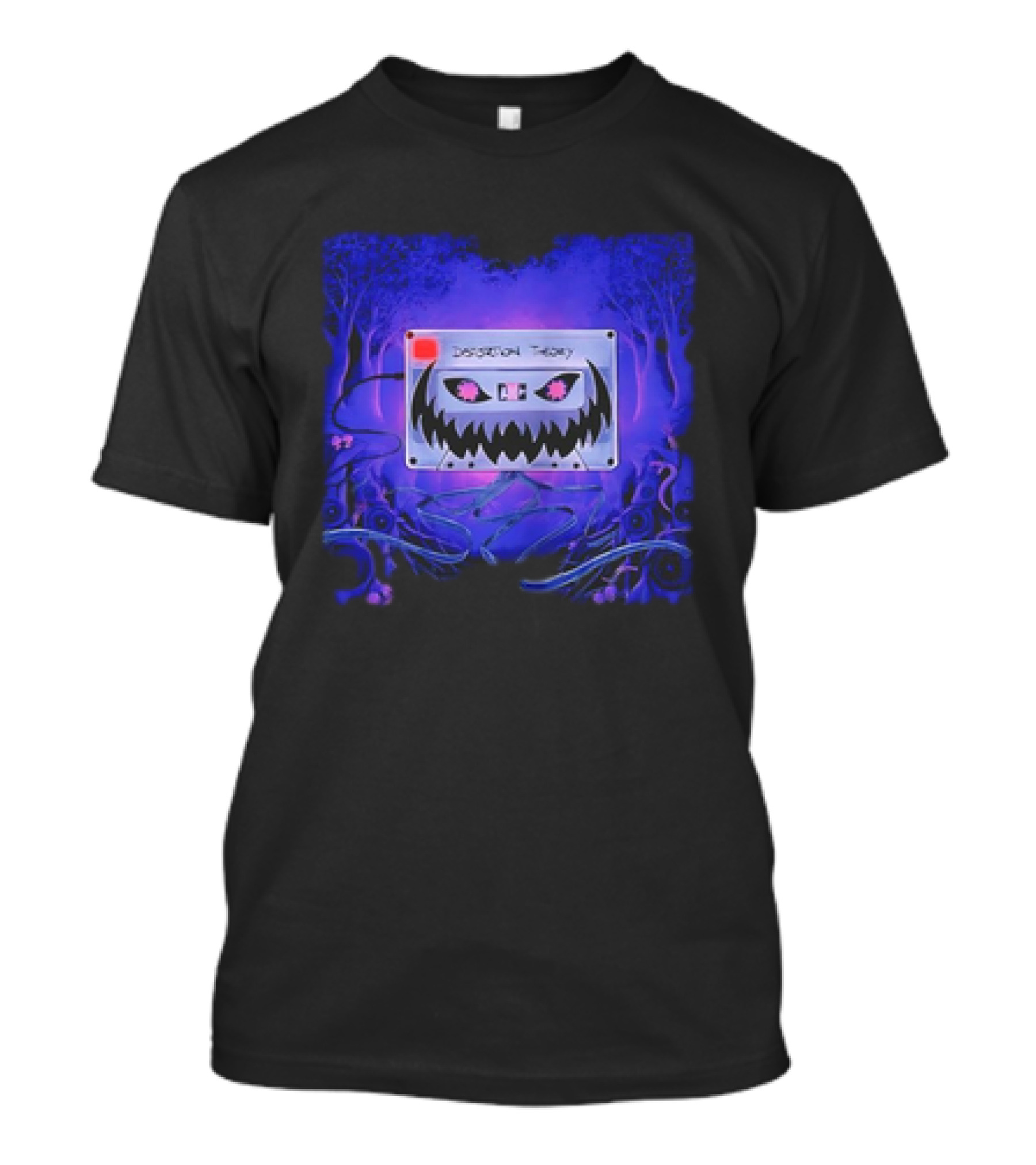 Distortion Theory Cassette With Spooky Face In Mystical Forest Scene T-Shirt