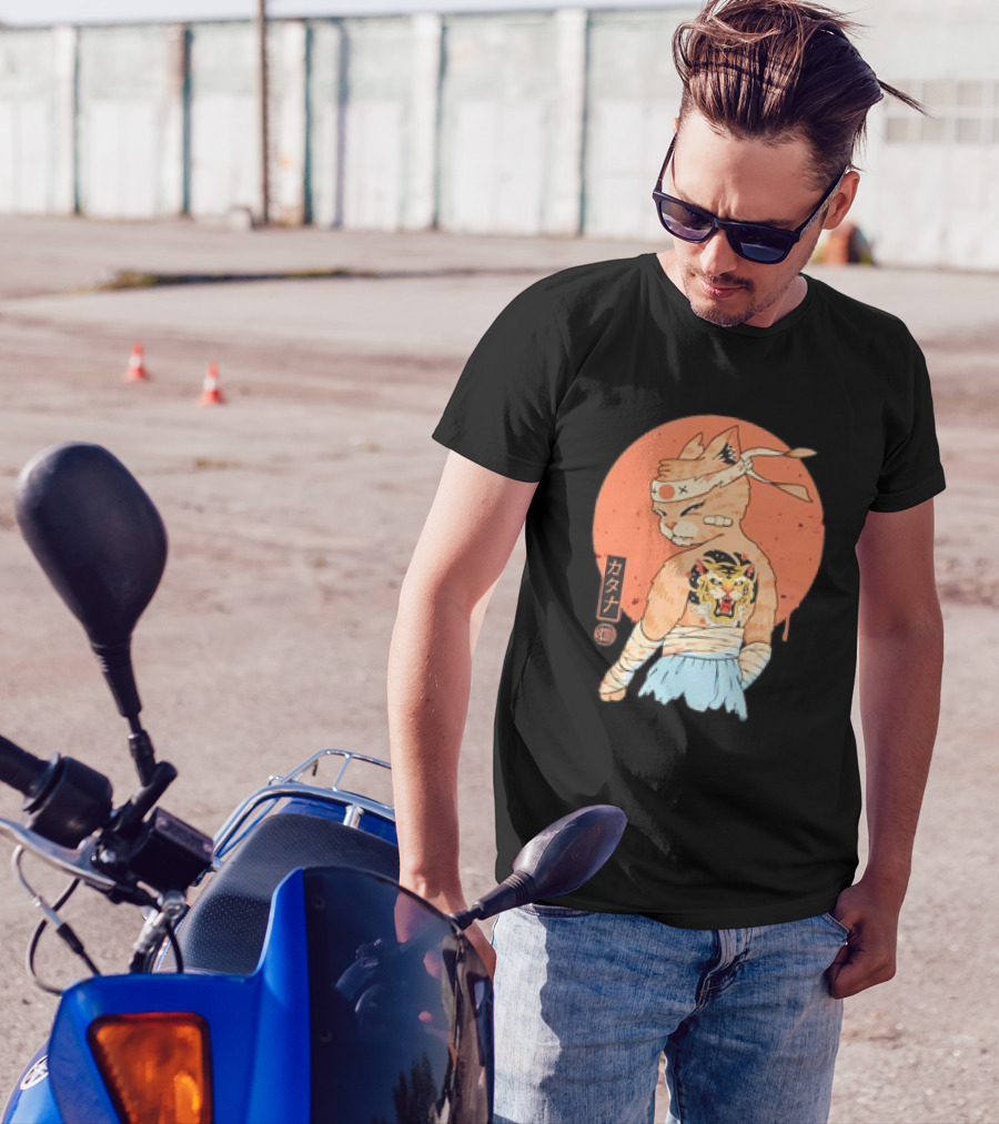 Samurai Cat Katana Battle Damage Japanese Tiger Tattoo T-Shirt