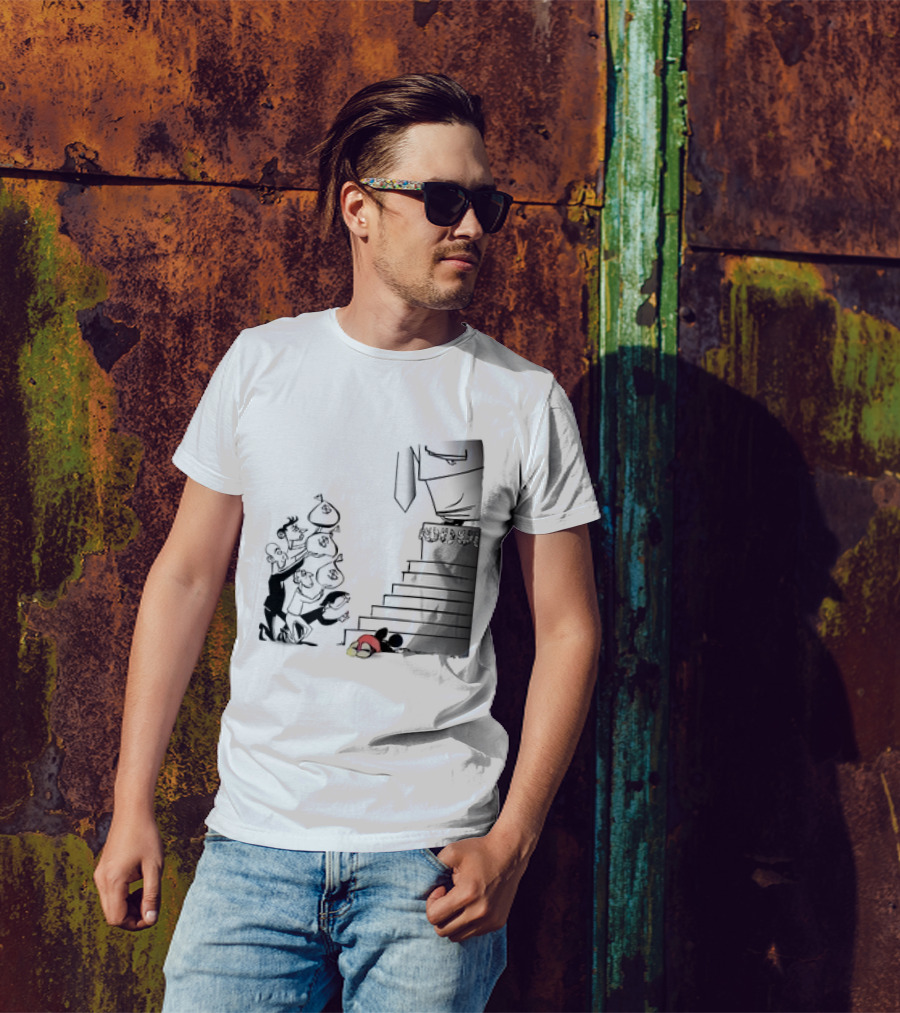 Mickey Mouse Money Bags Cartoon Stairs Political Satire T-Shirt
