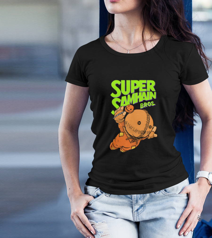 Super Samhain Bros Trick ‘r Treat Sam Icon In Pumpkin Suit With Green And Orange Highlights T-Shirt