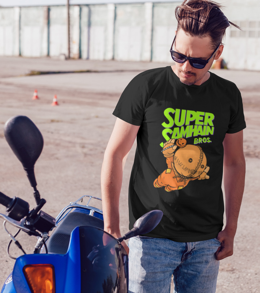Super Samhain Bros Trick ‘r Treat Sam Icon In Pumpkin Suit With Green And Orange Highlights T-Shirt