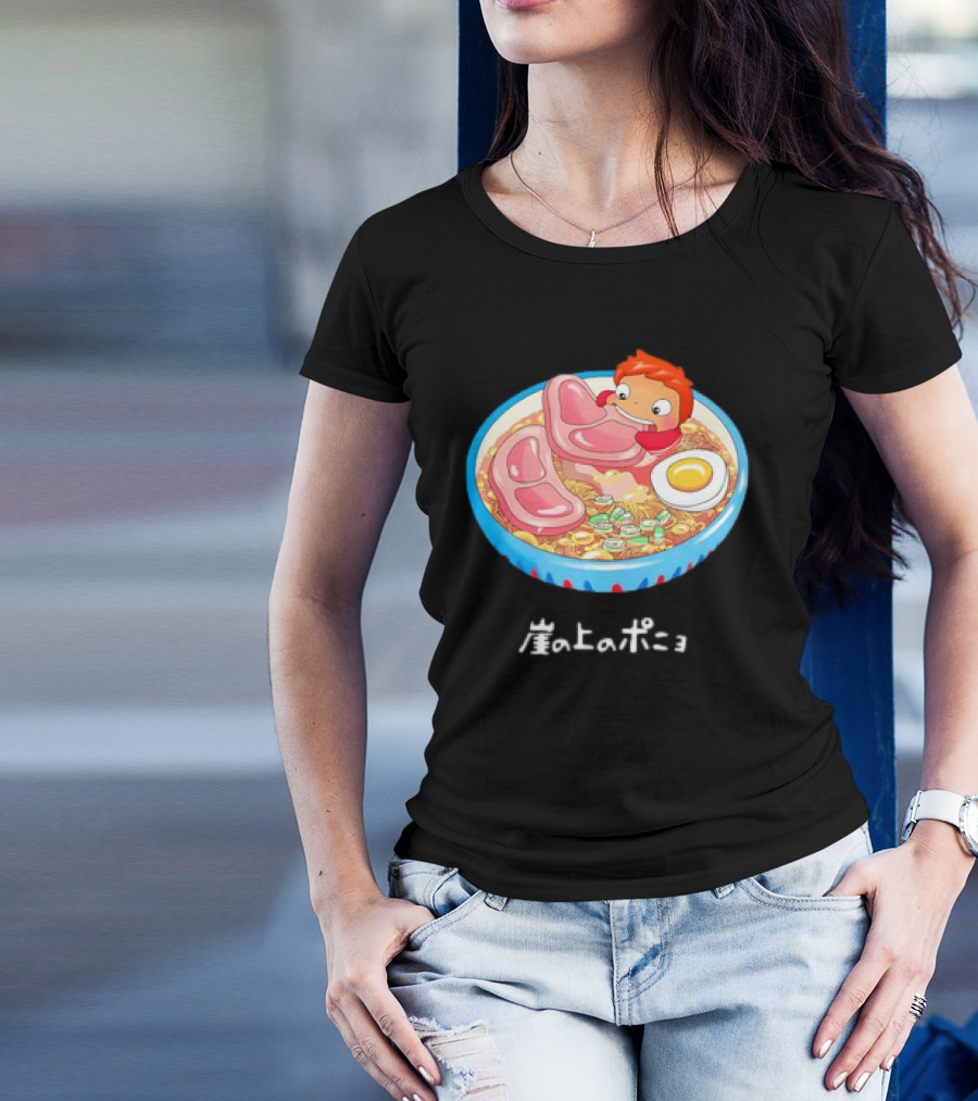 Ponyo Swims In Ramen Bowl With Egg And Noodles Japanese Text T-Shirt