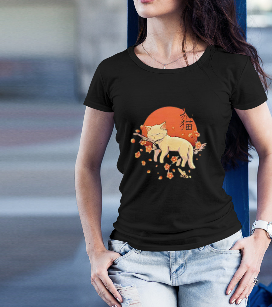 Sleeping Cat With Blossoms Under Red Sun T-Shirt