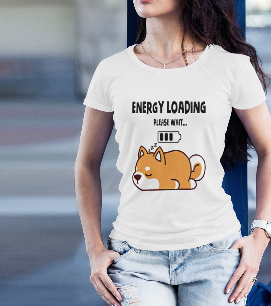 Shiba Inu Energy Loading Please Wait Battery Charging Sleepy Dog T-Shirt