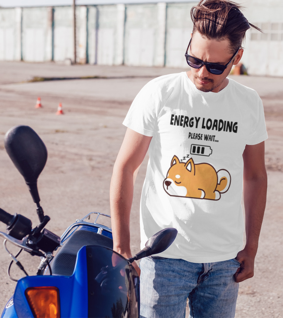 Shiba Inu Energy Loading Please Wait Battery Charging Sleepy Dog T-Shirt