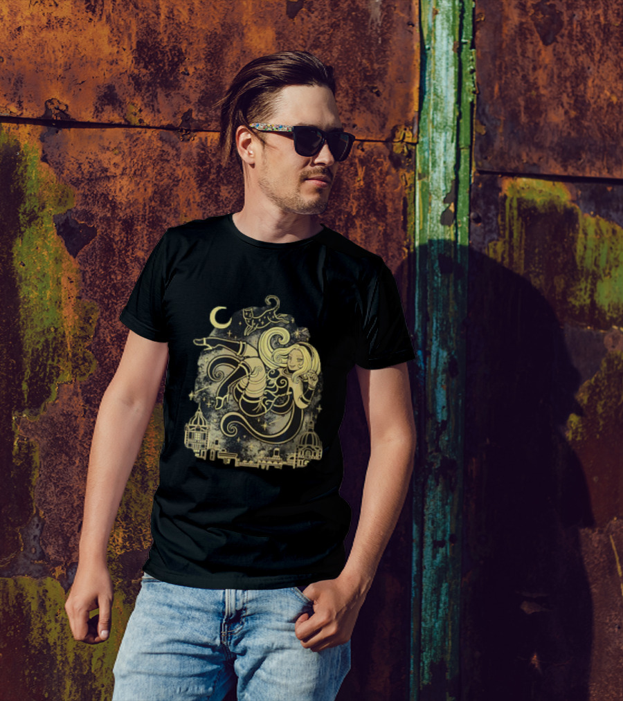 Gravity Rush Floating Cat And Girl In The Sky With Crescent Moon Cityscape T-Shirt