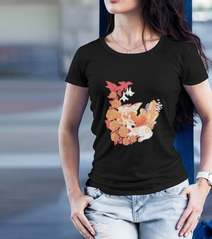 Mystical Forest Fawn Surrounded By Roses And Butterflies T-Shirt