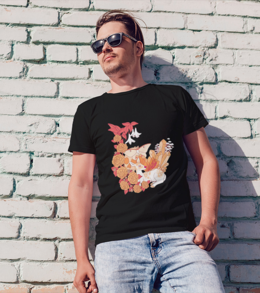 Mystical Forest Fawn Surrounded By Roses And Butterflies T-Shirt