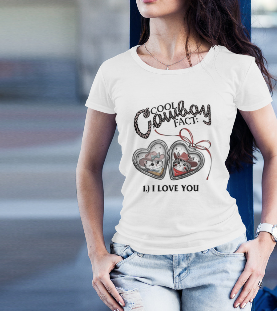 Cool Cowboy Fact I Love You Cat Heart Locket T-Shirt