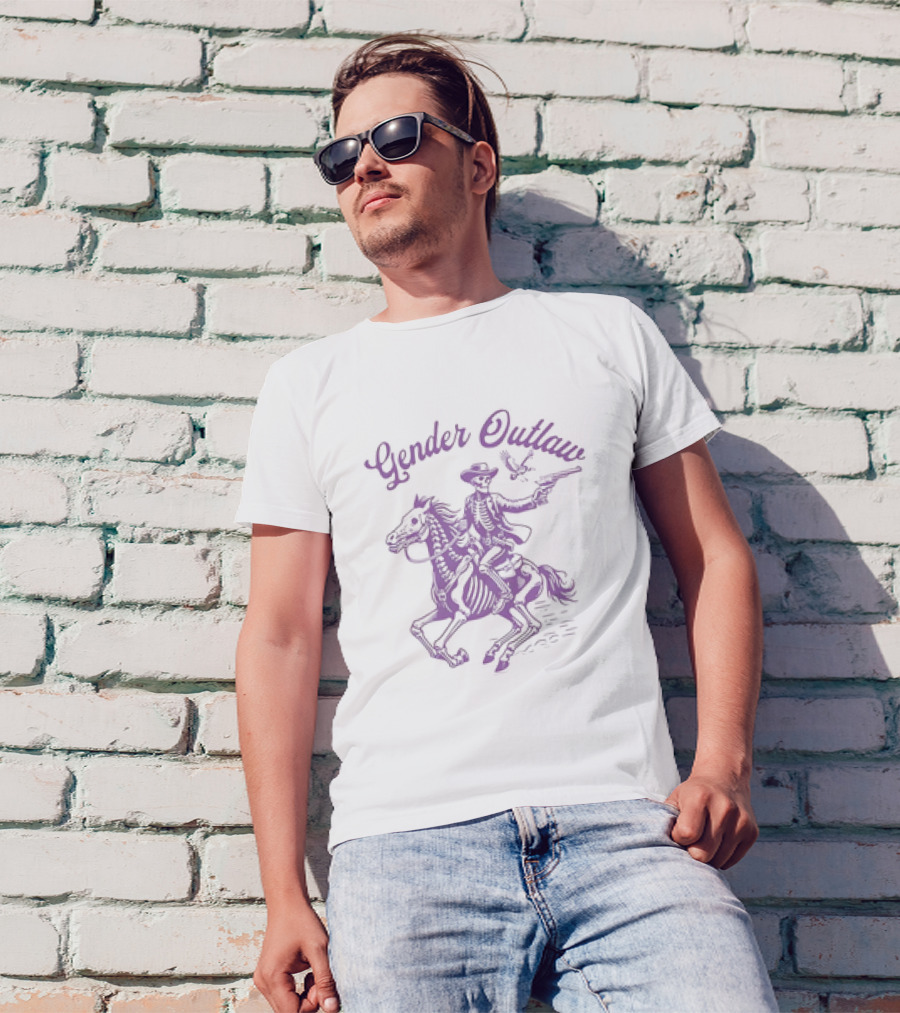 Veda Scott Gender Outlaw Skeleton Cowboy With Pistol And Bird T-Shirt