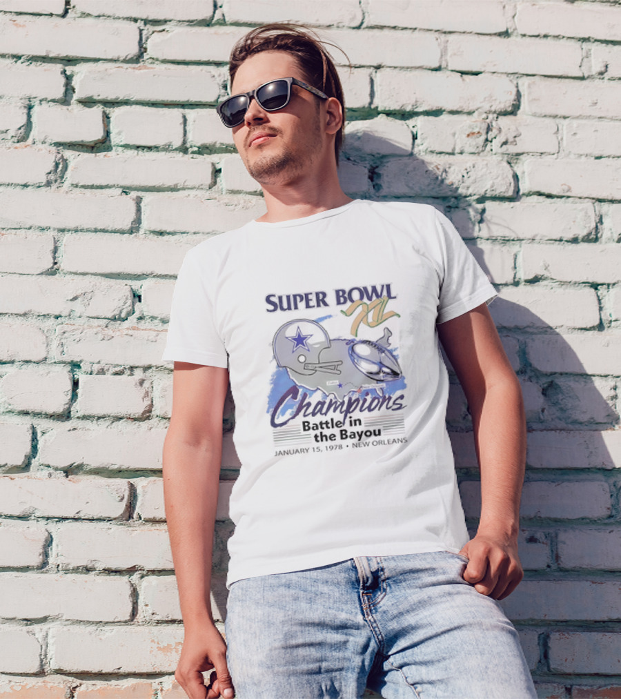 Super Bowl XII Champions Battle In The Bayou January 15 1978 New Orleans Cowboys Helmet Football T-Shirt