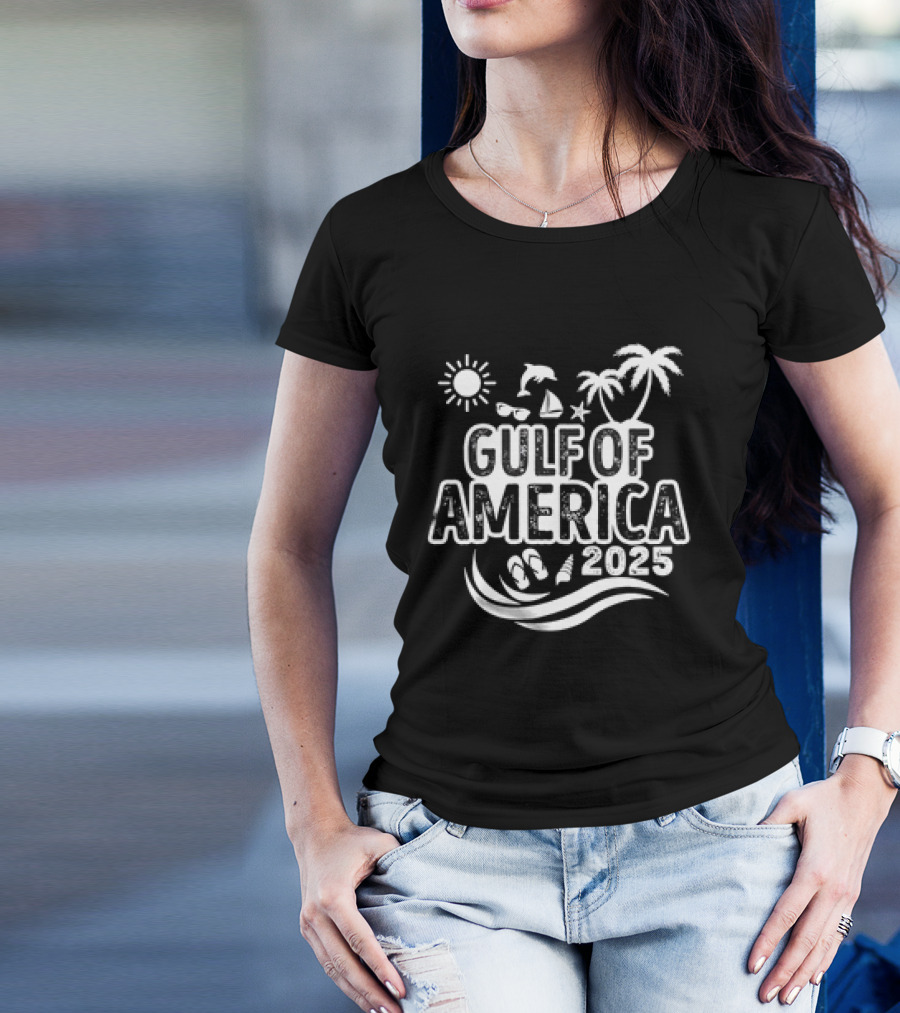 Gulf Of America 2025 Sun Palm Trees Dolphin Sailboat Sandals Waves T-Shirt