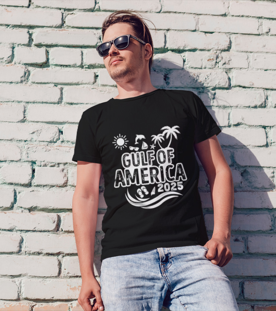 Gulf Of America 2025 Sun Palm Trees Dolphin Sailboat Sandals Waves T-Shirt