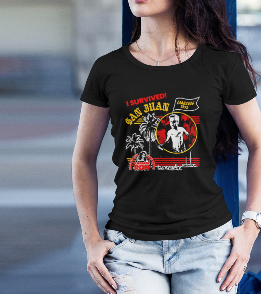 I Survived San Juan Carnaval 1992 Captain Ron Festival Palm Trees Ship Scene T-Shirt