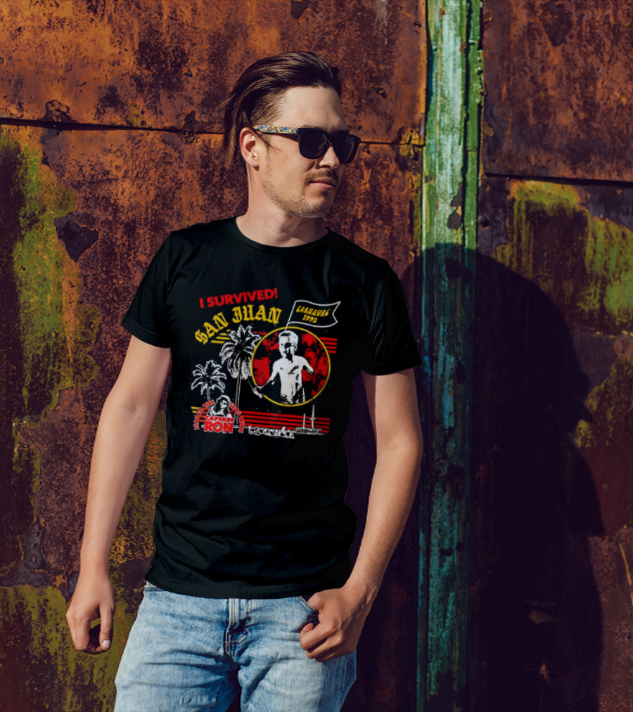 I Survived San Juan Carnaval 1992 Captain Ron Festival Palm Trees Ship Scene T-Shirt