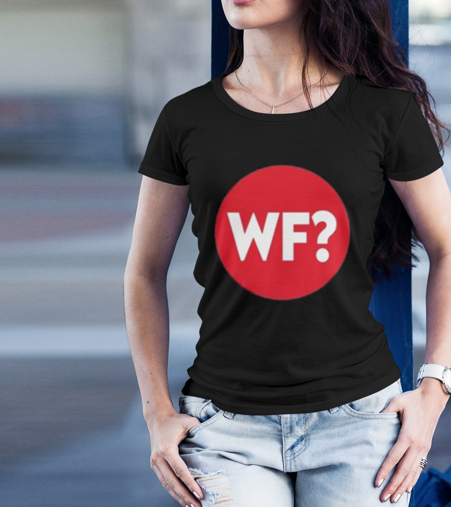 Adrianne Curry Wearing WF Why-Files Red Circle Icon T-Shirt