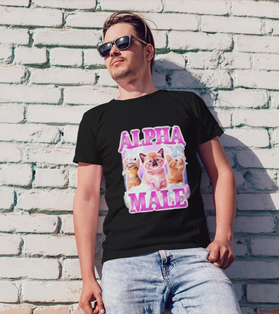Alpha Male Cat Trio With Rainbow Unicorns And Clouds T-Shirt