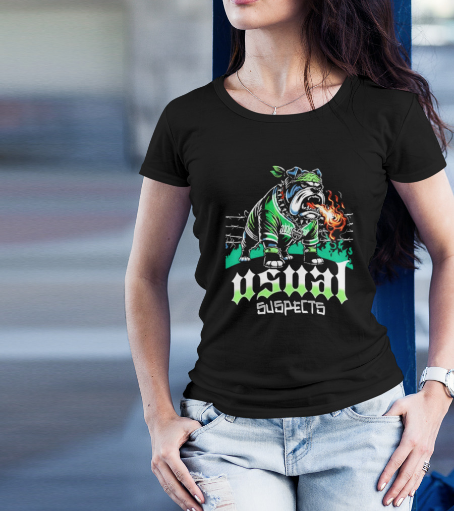 Usual Suspects Bulldog With Fiery Breath And Green Bandana T-Shirt
