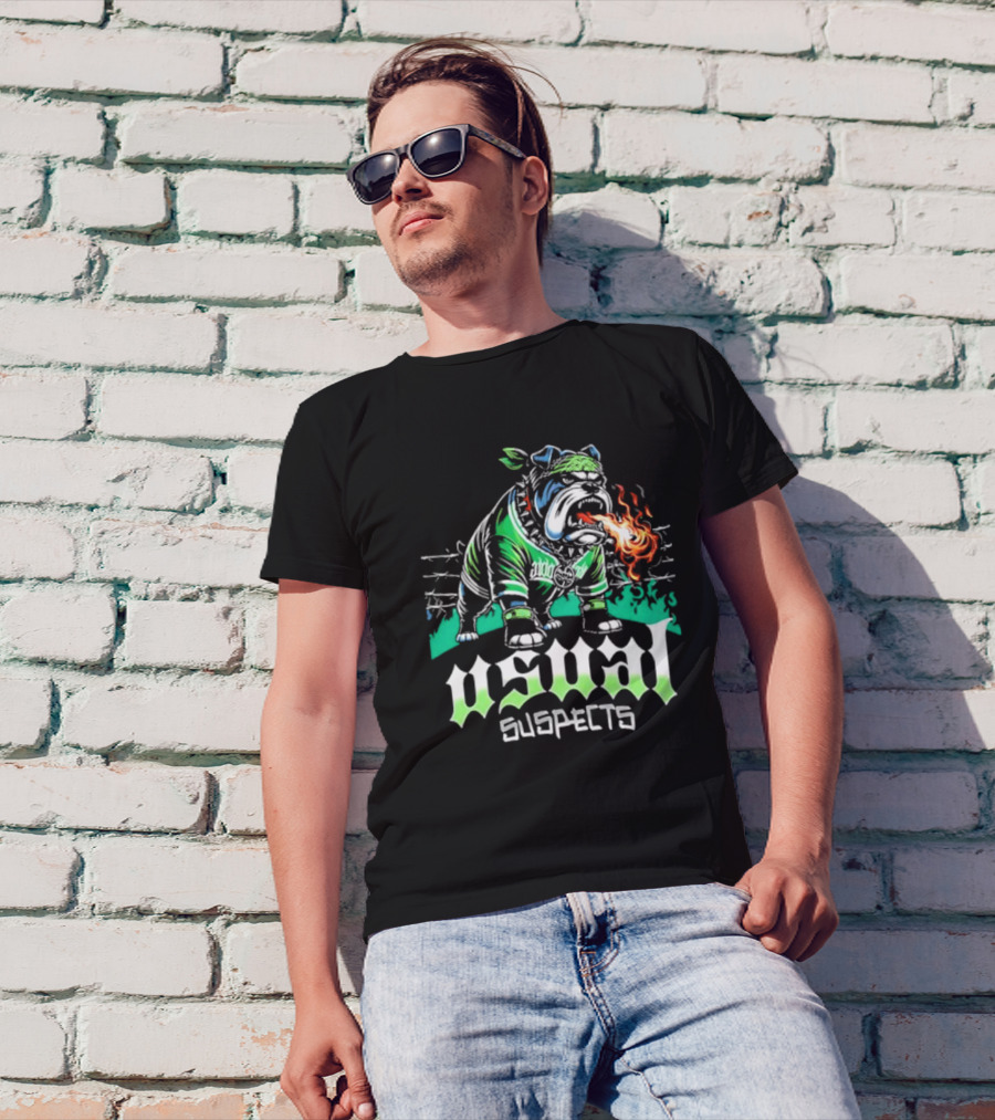 Usual Suspects Bulldog With Fiery Breath And Green Bandana T-Shirt