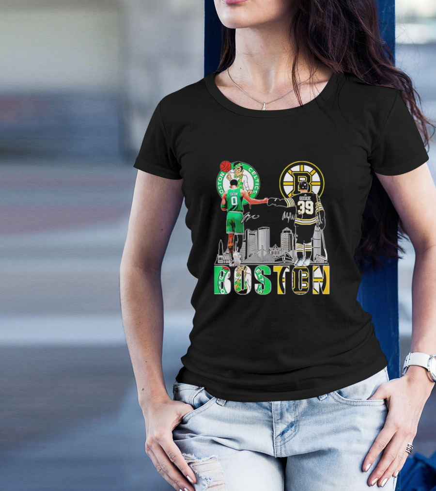 Boston Celtics Jayson Tatum Boston Bruins Morgan Geekie Signatures Skyline T-Shirt