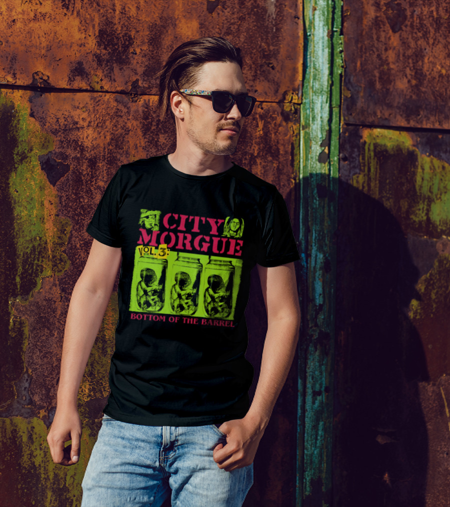 City Morgue Bottom Of The Barrel Green Neon Skeleton Illustrations T-Shirt