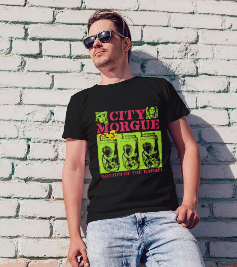 City Morgue Bottom Of The Barrel Green Neon Skeleton Illustrations T-Shirt