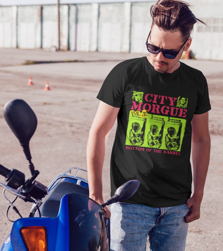 City Morgue Bottom Of The Barrel Green Neon Skeleton Illustrations T-Shirt