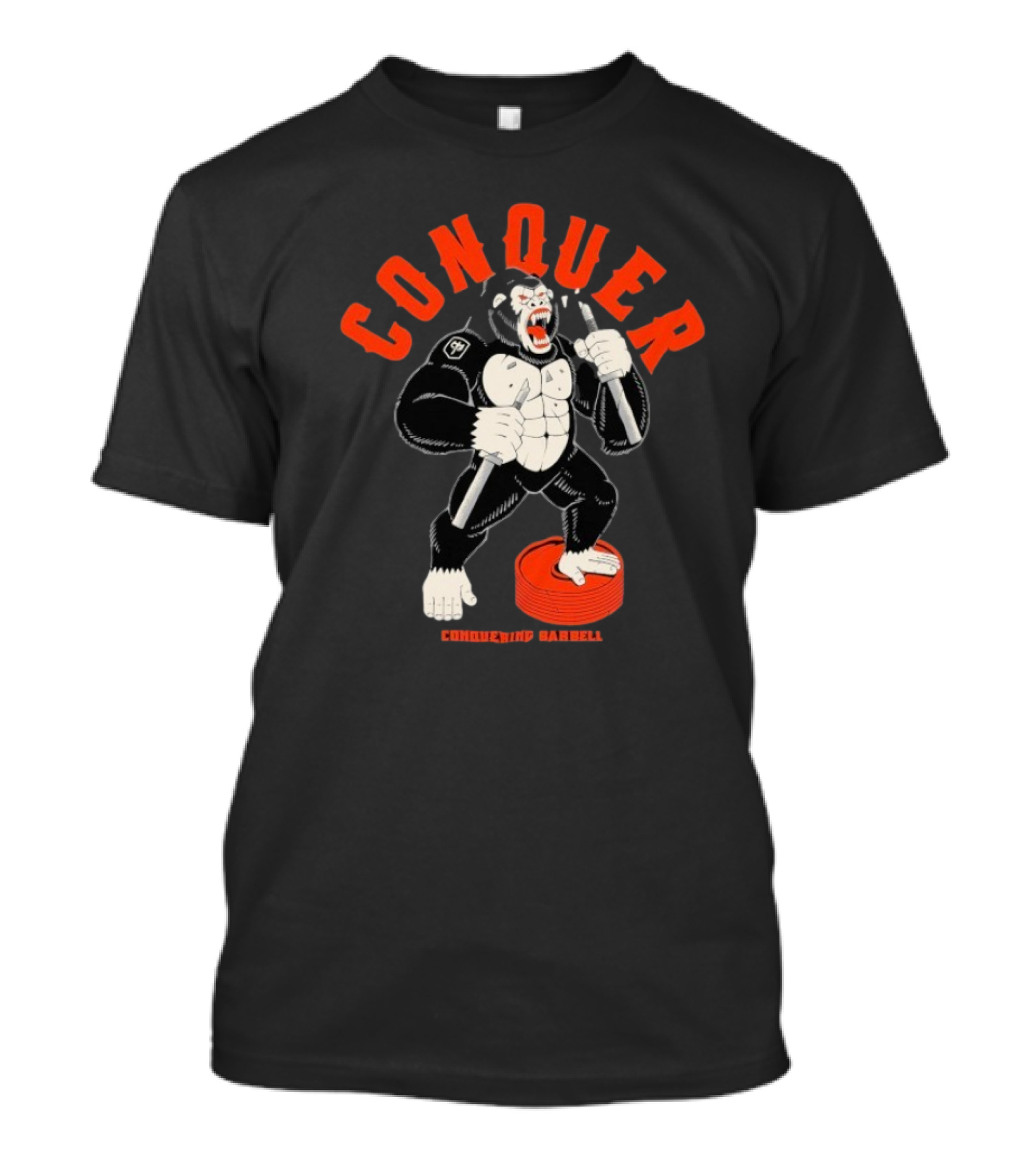 Conquer Raging Gorilla Conquering Barbell Motivational Fitness Apparel T-Shirt