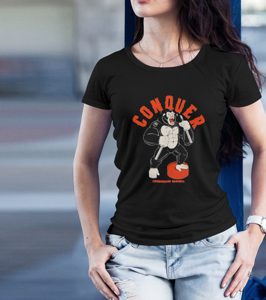 Conquer Raging Gorilla Conquering Barbell Motivational Fitness Apparel T-Shirt