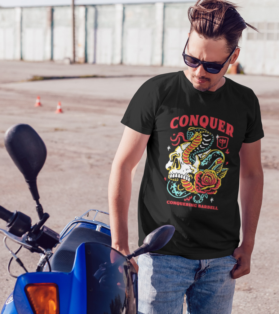 Conquer Skull Snake Rose Conquering Barbell T-Shirt