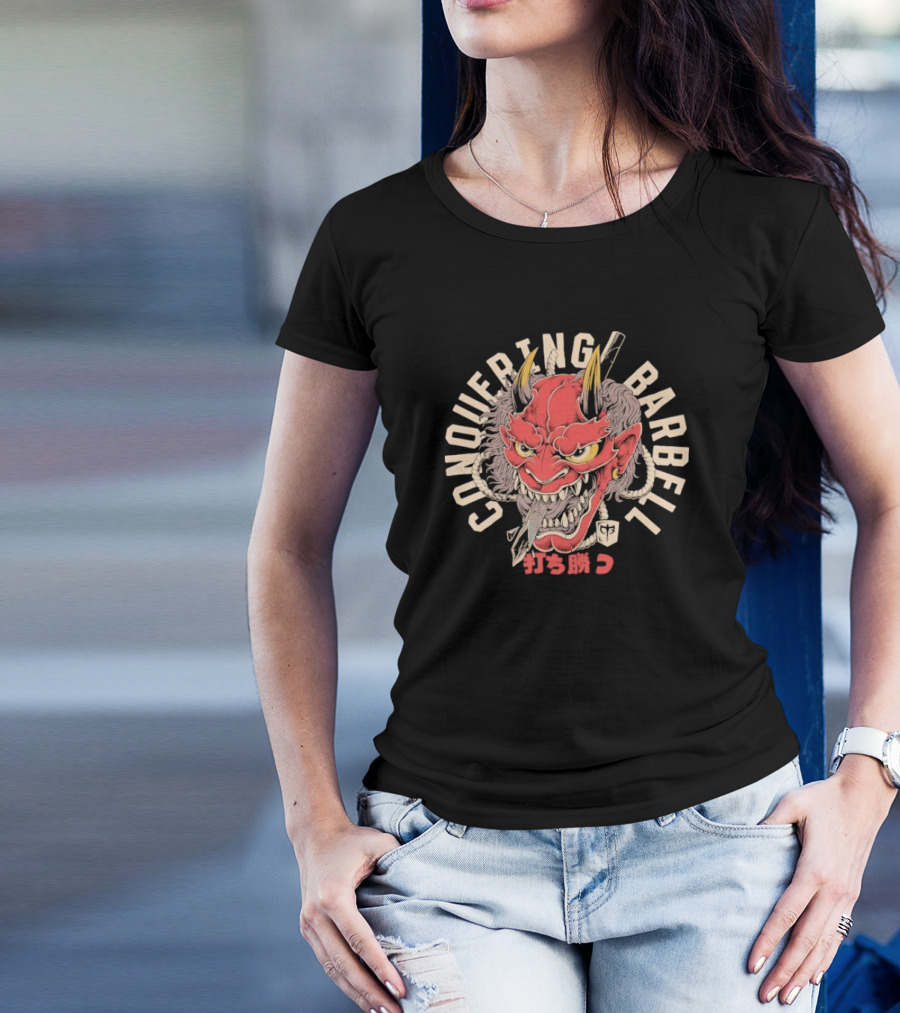 Conquering Barbell Oni Mask Japanese Text T-Shirt