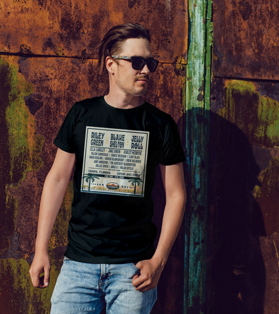 Country Thunder Florida Music Festival 2025 Tampa Lineup Blake Shelton Jelly Roll Raymond James Stadium May 2nd To 4th T-Shirt
