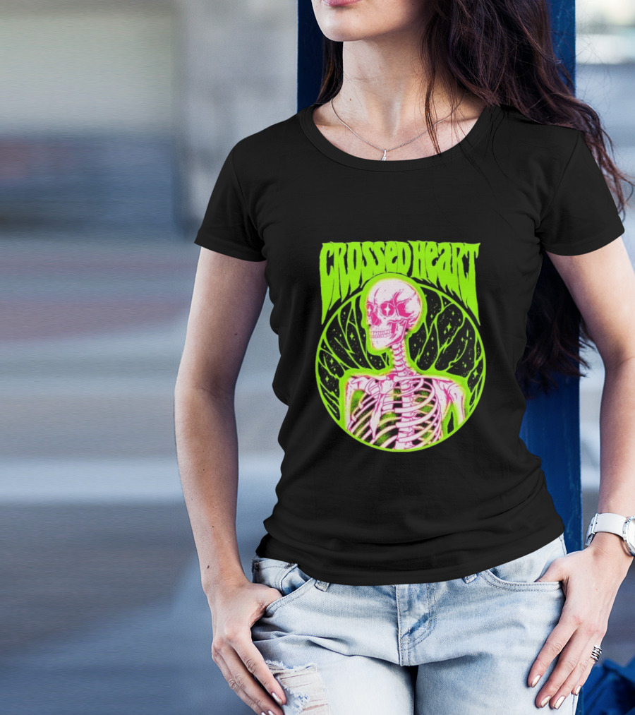 Crossed Heart Skeleton Neon Illustration T-Shirt