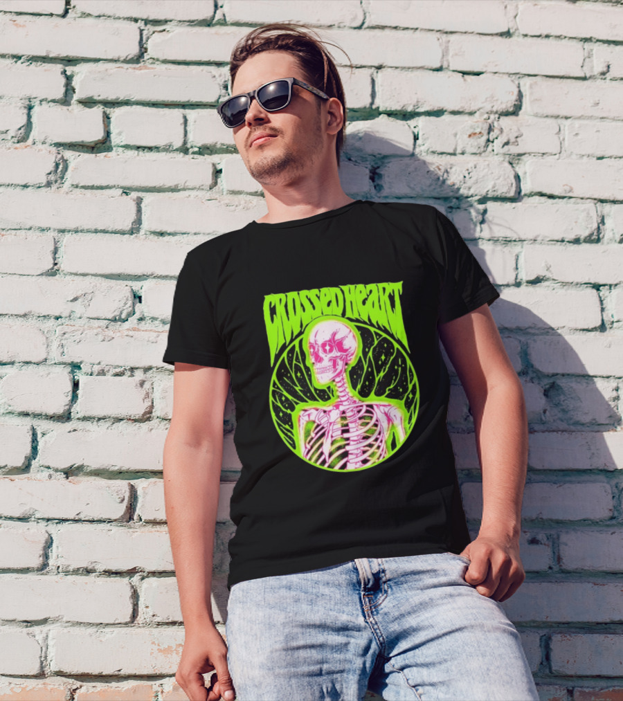Crossed Heart Skeleton Neon Illustration T-Shirt