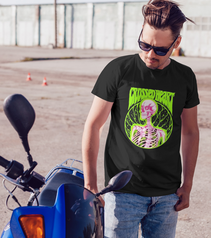 Crossed Heart Skeleton Neon Illustration T-Shirt