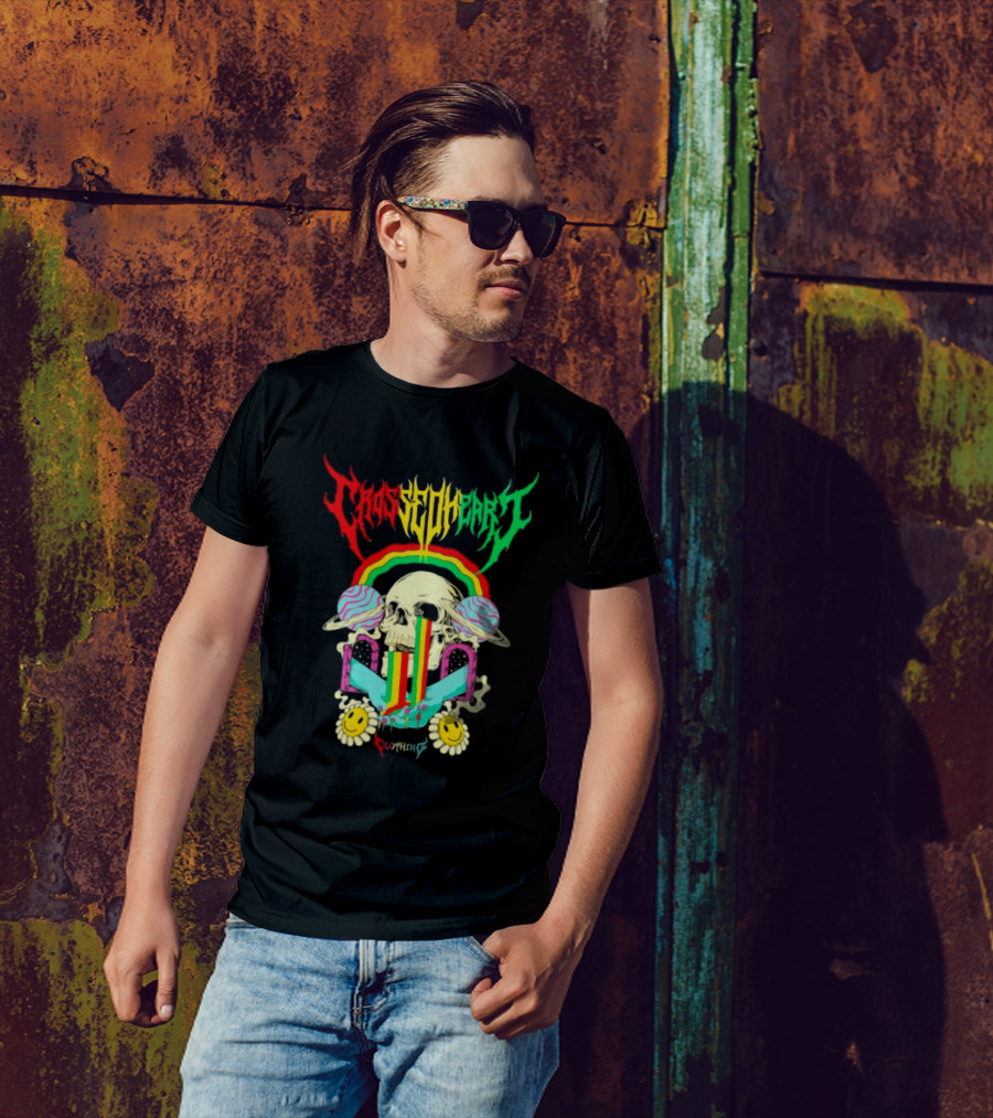 Crossed Heart Skull With Rainbow And Smiley Faces T-Shirt