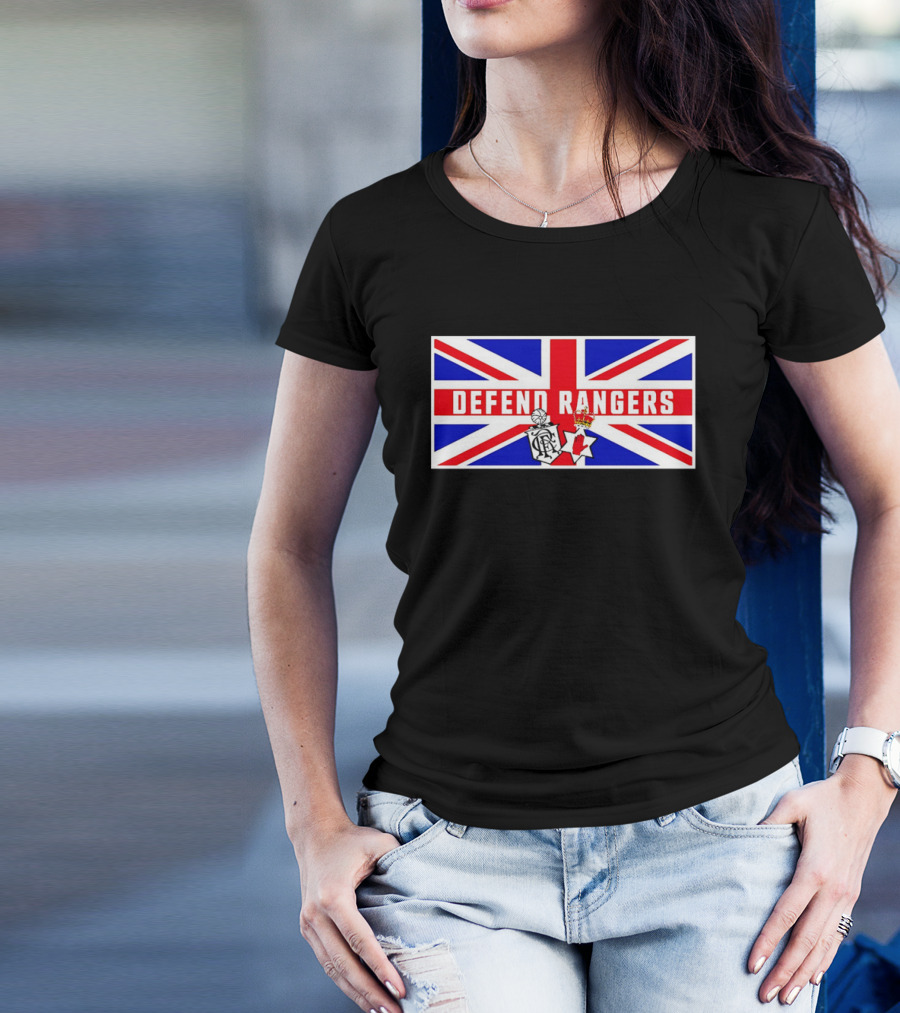 Defend Rangers Union Flag With FCRF Crest And Red Hand Of Ulster T-Shirt