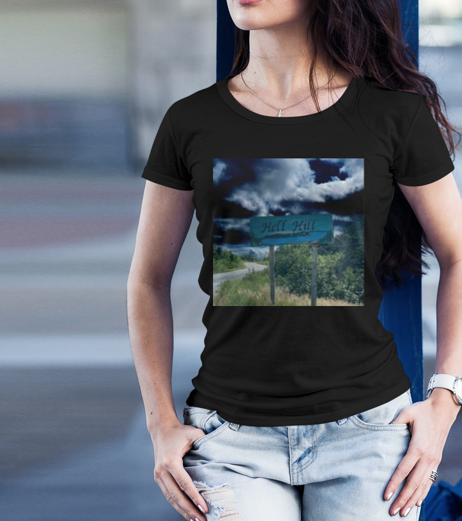 Hell Hill Scenic Roadside Sign Under Dramatic Sky T-Shirt