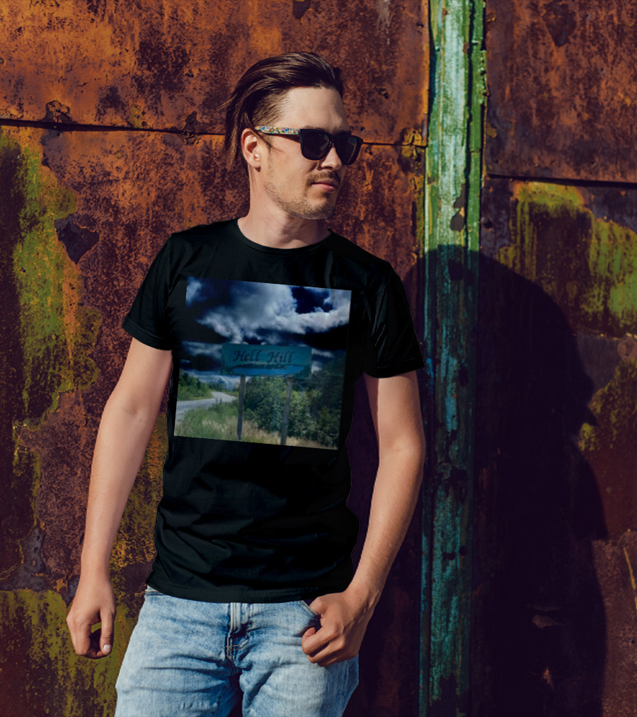 Hell Hill Scenic Roadside Sign Under Dramatic Sky T-Shirt