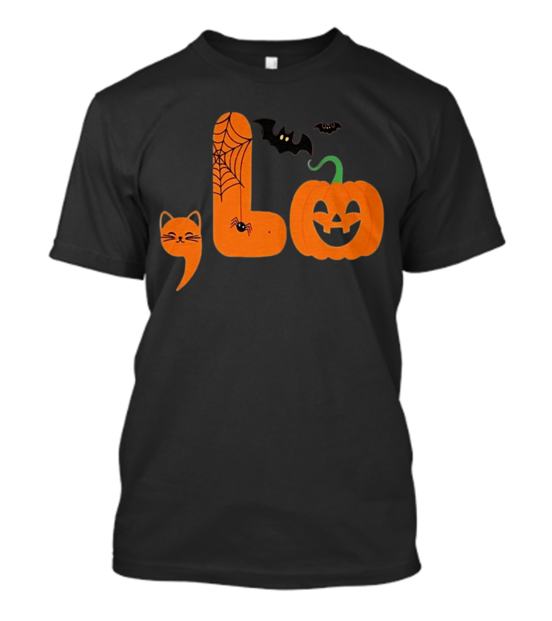 Halloween Cat Spider Web Bat Pumpkin Comma Motif T-Shirt