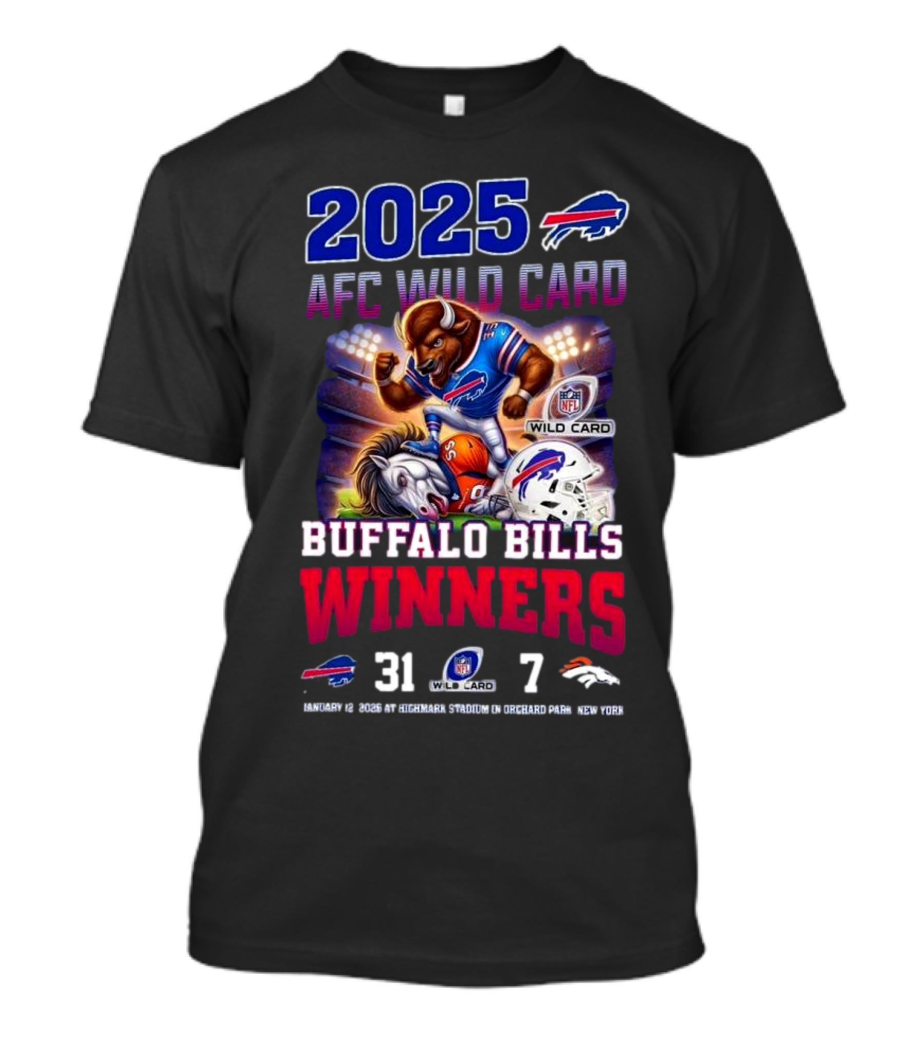 2025 Buffalo Bills AFC Wild Card Winners 31-7 Over Broncos Featuring Mascot Art T-Shirt
