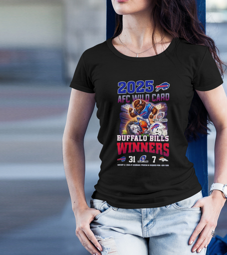 2025 Buffalo Bills AFC Wild Card Winners 31-7 Over Broncos Featuring Mascot Art T-Shirt