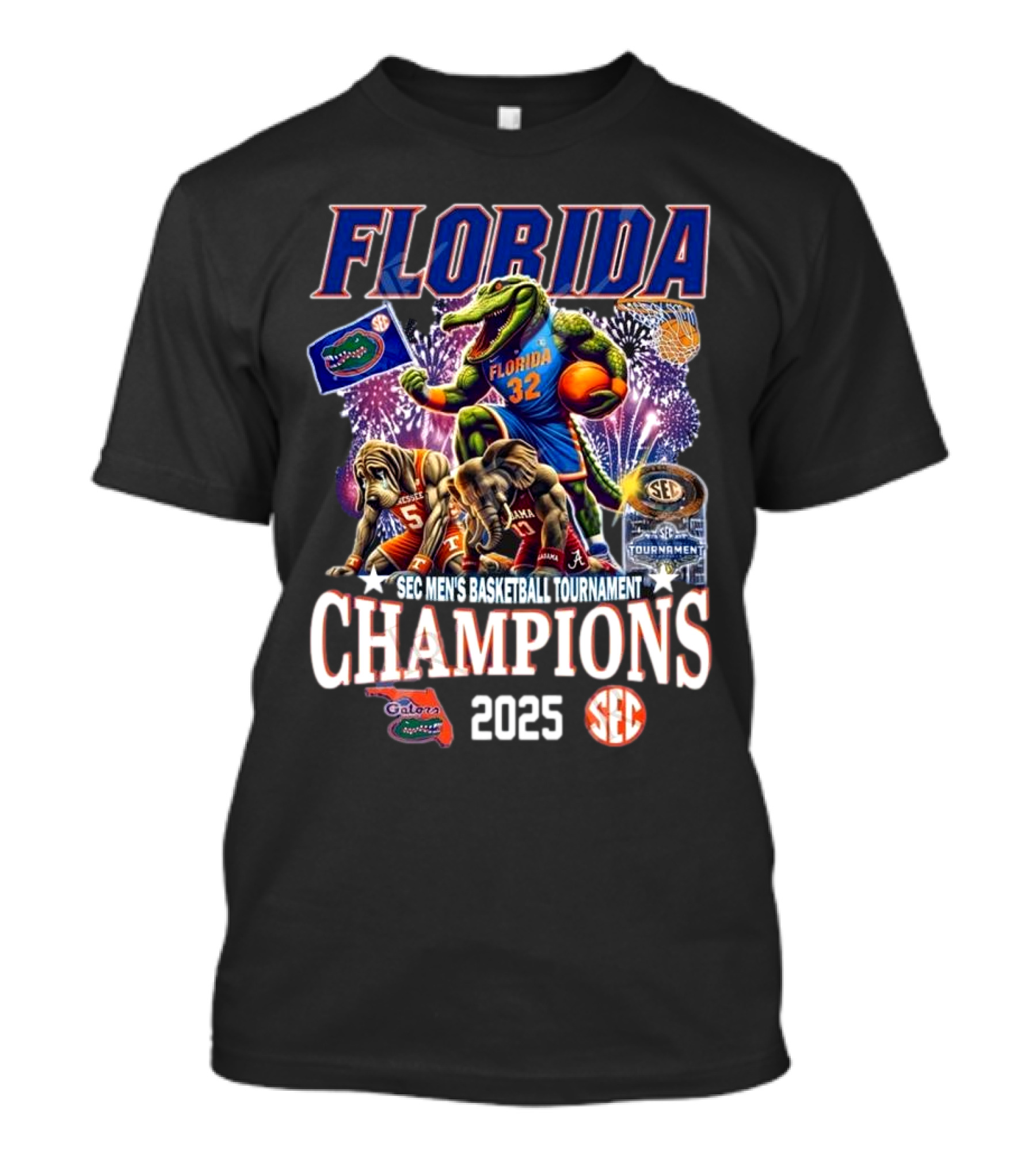 Florida Gators 2025 SEC Men's Basketball Tournament Champions Mascot Fireworks T-Shirt