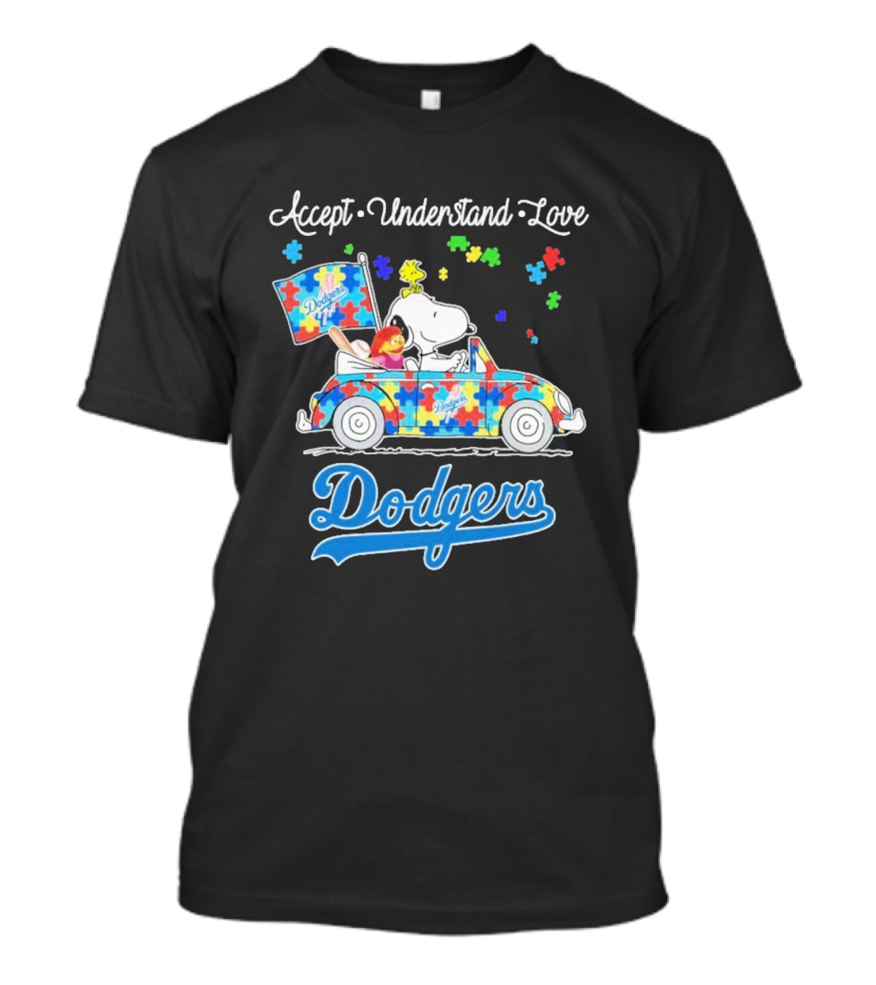 Accept Understand Love Snoopy Dodgers Autism Puzzle Car T-Shirt