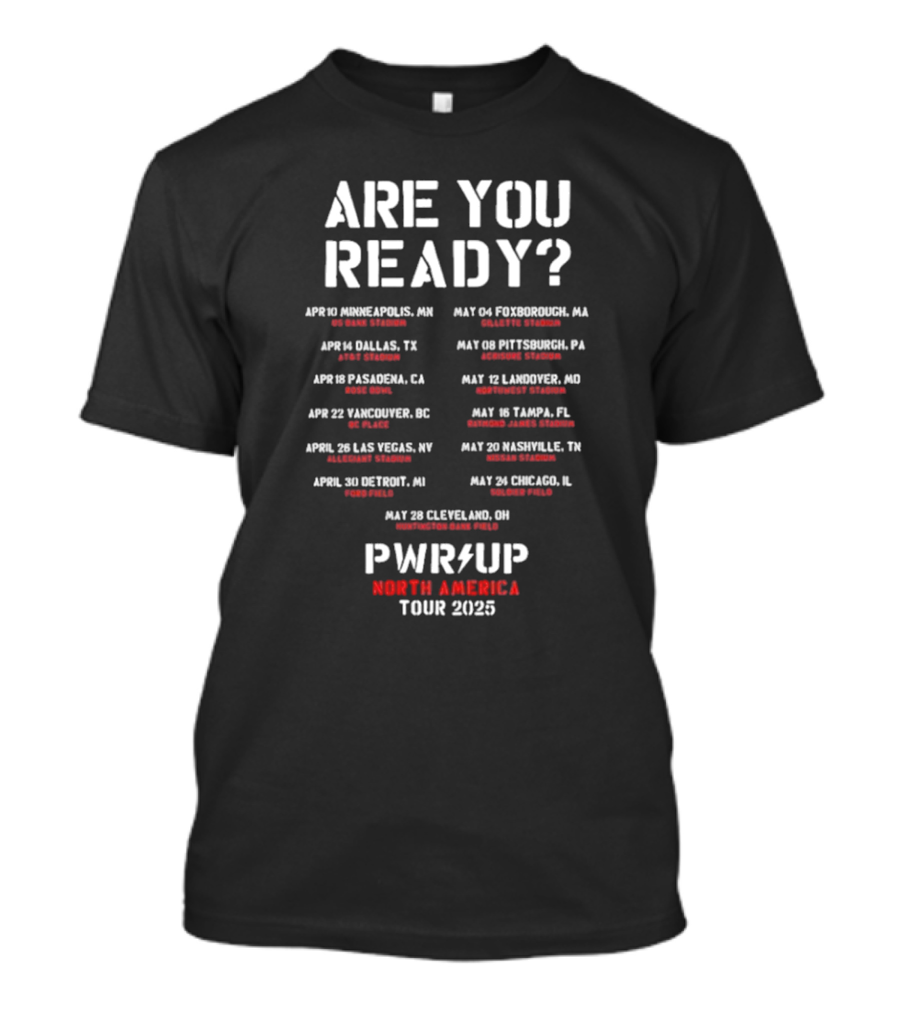 ACDC Are You Ready PWR UP North America 2025 Tour Dates T-Shirt